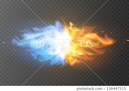 Blue and orange flame colliding creating energy burst 136447515