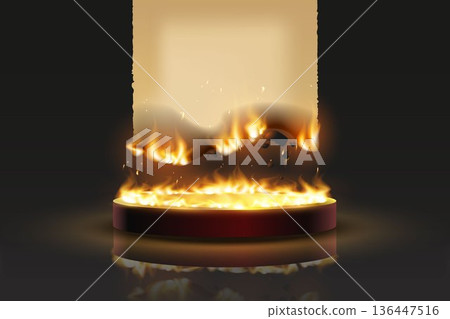 Burning old paper scroll with fire on pedestal 136447516