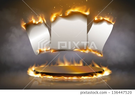 Burning paper template over podium with fiery flames 136447520