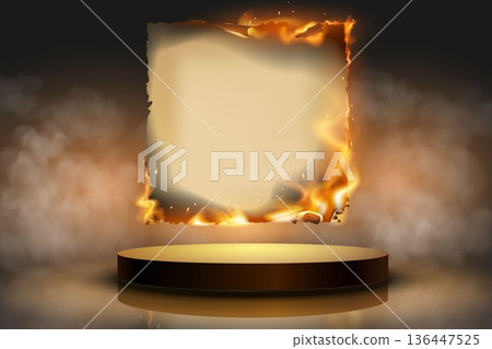 Burning paper hovering over a podium on smoky background Burning paper hovering over a podium on smoky background 136447525
