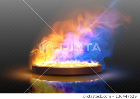 Burning fire transforming on a circular pedestal 136447529