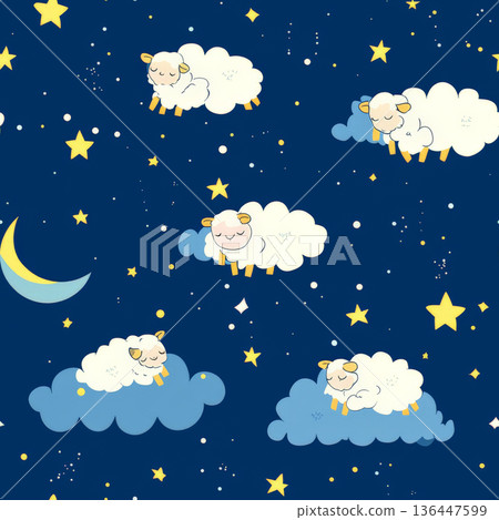 A dreamy starry sky pattern with kawaii sleeping moons, twinkling stars, and floating sheep. 136447599