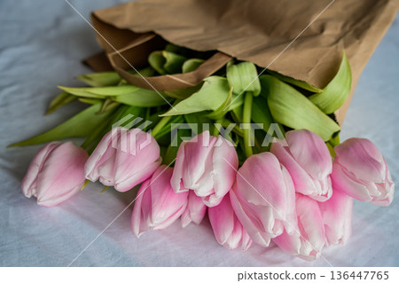 Close-Up Pink Tulips in Paper Bag 136447765