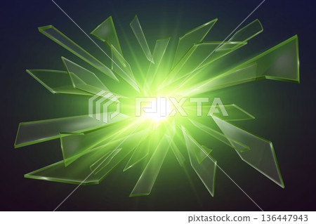 Shattered green glass exploding with brilliant energy light 136447943