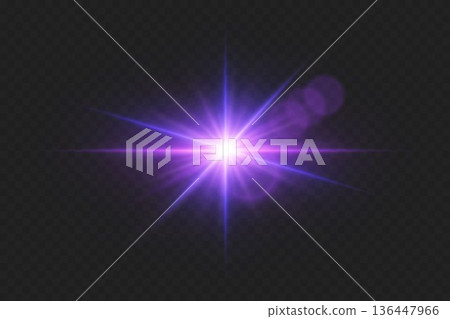 Purple glowing lens flare starburst effect transparent background 136447966