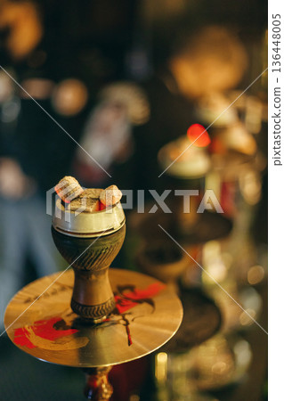 Hookah Bowl With Glowing Charcoal On Decorative Tray Hookah Bowl With Glowing Charcoal On Decorative Tray 136448005