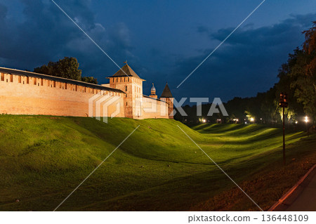 Night View of Veliky Novgorod Kremlin Fortress Wall Illuminated Night View of Veliky Novgorod Kremlin Fortress Wall Illuminated 136448109