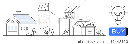 Renewable energy, green technology, smart homes, sustainable living, eco-friendly products, innovation. Modern homes and buildings with solar panels and a buy button. Renewable energy and green Renewable energy, green technology, smart homes, sustainable living, eco-friendly products, innovation. Modern homes and buildings with solar panels and a buy button. Renewable energy and green 136448110