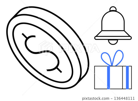 Finance, shopping, rewards, notifications, e-commerce, online transactions. Black outlined dollar coin, gift box with bow and notification bell. Finance and shopping for digital use Finance, shopping, rewards, notifications, e-commerce, online transactions. Black outlined dollar coin, gift box with bow and notification bell. Finance and shopping for digital use 136448111