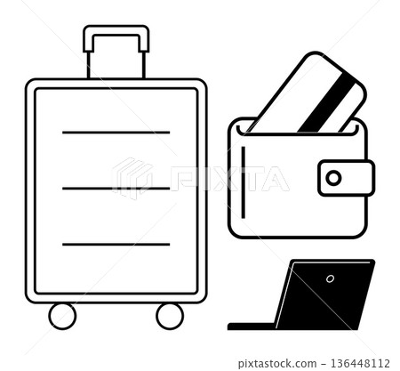 Travel, business trips, online transactions, mobile work, vacation planning, digital payments. Minimalist icons showing luggage, credit card wallet and laptop. Travel and business trips concept 136448112