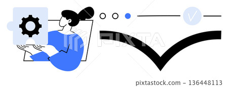 Workflow management, team collaboration, identity verification, software development, digital progress, project completion. Woman holding gear piece, progress bar with checkmark. Workflow management 136448113