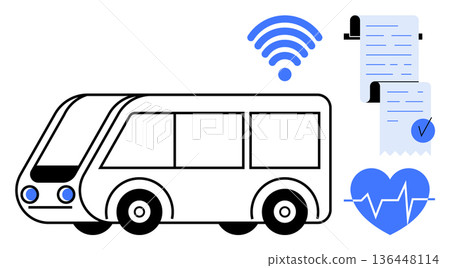 Smart cities, public transit, digital services, health monitoring, wireless connectivity, eco-friendly transport. Bus linked to wireless, ticket system heart rate icon. Smart cities and public 136448114
