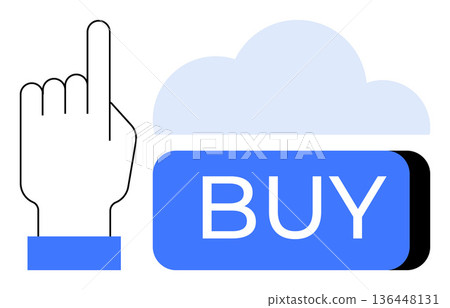E-Commerce, online purchases, digital transactions, cloud services, business concepts, user interface design. Hand pointing at a buy button with a cloud in the background. E-commerce and online 136448131