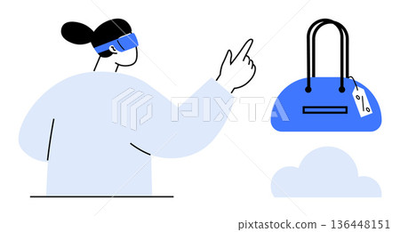 Online shopping, virtual reality, e-commerce trends, fashion technology, digital retail, future innovation. A person with VR headset gestures toward a handbag. Online shopping and virtual reality Online shopping, virtual reality, e-commerce trends, fashion technology, digital retail, future innovation. A person with VR headset gestures toward a handbag. Online shopping and virtual reality 136448151
