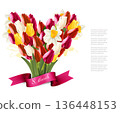 8th March illustration with bouquet of yellow narcissus and colorful flowers in shape heart and ribbon. International Women's Day. Vector. 136448153