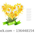 8th March illustration with bouquet of yellow narcissus flowers in shape heart and ribbon. International Women's Day. Vector. 136448154