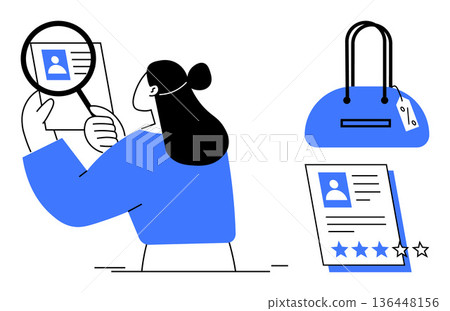 Authentication, online shopping, customer feedback, data analysis, quality service, fraud prevention. Woman inspecting ID, shopping bag documents with ratings. Authentication and online shopping Authentication, online shopping, customer feedback, data analysis, quality service, fraud prevention. Woman inspecting ID, shopping bag documents with ratings. Authentication and online shopping 136448156