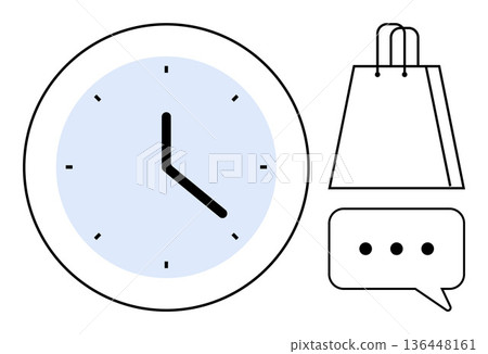 Time management, shopping, communication, e-commerce, customer service, retail design. Clock indicating time, shopping bag and speech bubble. Time management and shopping illustrated Time management, shopping, communication, e-commerce, customer service, retail design. Clock indicating time, shopping bag and speech bubble. Time management and shopping illustrated 136448161