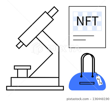 Digital assets, blockchain authentication, ownership verification, crypto assets, scientific analysis, and modern technology. Features a microscope, NFT paper and bag. Blockchain authentication 136448190