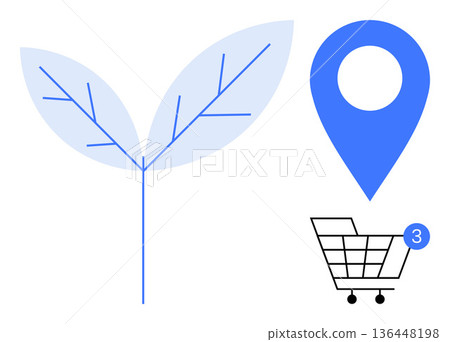 Sustainability, online shopping, eco-friendly practices, digital retail, geolocation, environmental awareness. A leaf, location pin and shopping cart with notifications. Sustainability and online 136448198