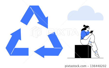 Environmental awareness, waste reduction, digital lifestyle, eco-friendliness, sustainability, education. A blue recycling symbol next to a person sitting on a block reading on a device Environmental awareness, waste reduction, digital lifestyle, eco-friendliness, sustainability, education. A blue recycling symbol next to a person sitting on a block reading on a device 136448202