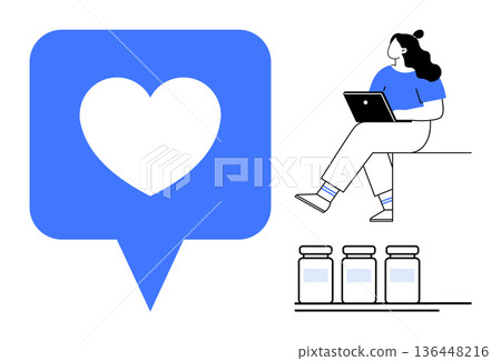 Online health services, telemedicine, digital consultation, healthcare technology, virtual communication, remote advice. Woman using a laptop with icons of medications and a heart message. Online Online health services, telemedicine, digital consultation, healthcare technology, virtual communication, remote advice. Woman using a laptop with icons of medications and a heart message. Online 136448216