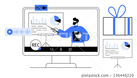 Online education, webinars, remote work, digital marketing, streaming, content creation. Man presenting graphs and charts. Online education and webinars concept 136448220