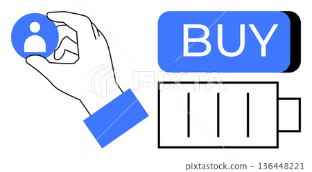 Data collection, user engagement, marketing, human resource management, consumer behavior, digital transactions. Hand holding user icon, buy button and battery shape. User engagement and marketing 136448221