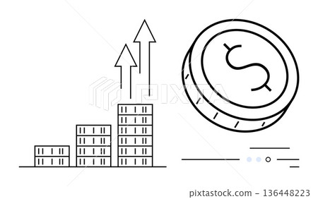 Economic growth, investment, business progress, stock market, profit increase, wealth management. Stacked bars with arrows pointing upward and a dollar coin. Economic growth and investment ion 136448223