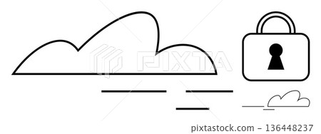 Cloud computing, data encryption, cybersecurity, privacy protection, digital storage, information safety. Outline of a cloud and a padlock. Cloud computing and data encryption concept 136448237