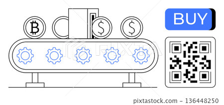 Cryptocurrency, blockchain, financial technology, e-commerce, secure payment, automation. Automated conveyor with Bitcoin, Dollar symbols and QR code. Cryptocurrency and blockchain concept 136448250