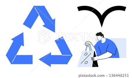 Sustainability, recycling, eco-friendly initiatives, shopping discounts, minimalism, modern design. Blue recycling symbol, person holding shopping bags with a percent sign, black decorative wings Sustainability, recycling, eco-friendly initiatives, shopping discounts, minimalism, modern design. Blue recycling symbol, person holding shopping bags with a percent sign, black decorative wings 136448251