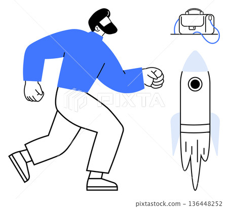 Startup growth, innovation, business success, entrepreneurship, technology, progress. A man is walking purposefully, a rocket is launching and a bag lies nearby. Startup growth and innovation Startup growth, innovation, business success, entrepreneurship, technology, progress. A man is walking purposefully, a rocket is launching and a bag lies nearby. Startup growth and innovation 136448252