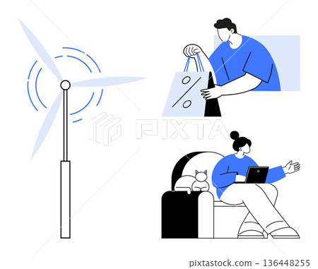 Sustainability, ecommerce, renewable energy, environmental awareness, modern technology, lifestyle. Wind turbine, man with shopping bag woman using tablet. Sustainability and ecommerce 136448255