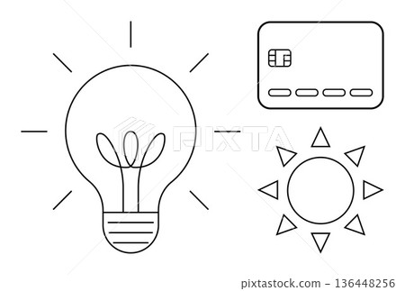 Innovation, renewable energy, financial technology, solar power, creativity, sustainability. Outline of a glowing light bulb, credit card and sun. Innovation and renewable energy concept 136448256
