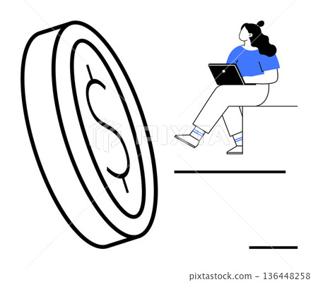 Digital economy, freelance work, financial management, remote work, investment, economic stability. Woman holding laptop next to a large dollar sign. Digital economy and freelance work Digital economy, freelance work, financial management, remote work, investment, economic stability. Woman holding laptop next to a large dollar sign. Digital economy and freelance work 136448258