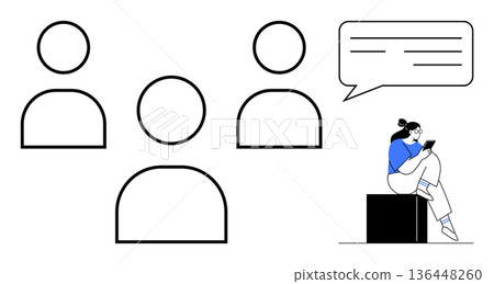 Teamwork, communication, digital networking, collaboration, messaging, social interaction. Minimalistic design with avatars and a woman engaging in digital communication. Teamwork and communication 136448260