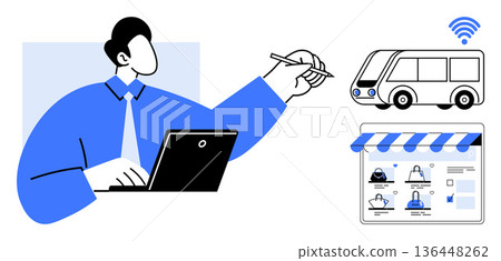 Smart technology, e-commerce, remote work, innovation, digital business, future transportation. Man using a laptop with digital elements, storefront and connected vehicle icon. Smart technology Smart technology, e-commerce, remote work, innovation, digital business, future transportation. Man using a laptop with digital elements, storefront and connected vehicle icon. Smart technology 136448262
