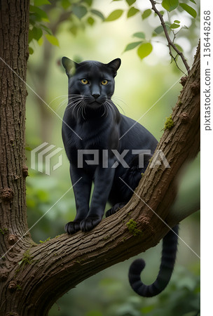 beautiful panter seatting at tree branch against forest background. Digital conceptual artwork. Ai generated beautiful panter seatting at tree branch against forest background. Digital conceptual artwork. Ai generated 136448268