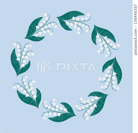 White lily of the Valley Wreath May Flowers. Spring Floral Frame Crayon Textured Hand-drawn. Vector illustration 136448387