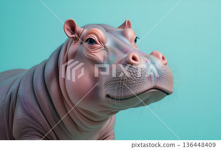 portrait of soft colorful cute hippopotamus against turquoise  background. Digital artwork. Ai generated 136448409