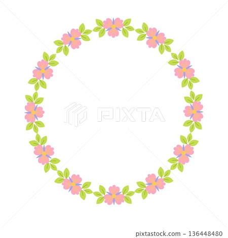 Round pink flowers and leaves wreath with decorative elements, festive spring holidays seasonal frame hand drawn illustration for Easter decor, cards, posters, invitations, celebration design 136448480