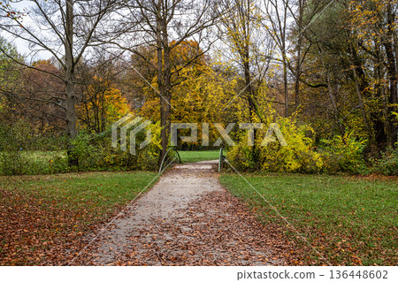 Golden autumn view in famous Munich relax place - Englischer Garten. Munich, Bavaria, Germany 136448602