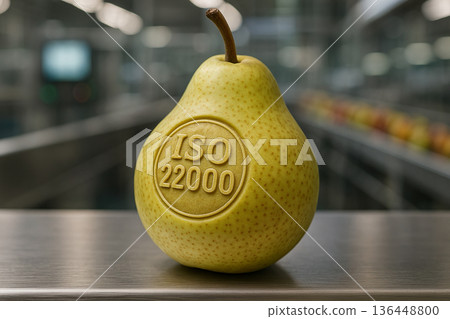 Food safety assurance ISO 22000 embroidered on chefs white hat symbolizing hygiene and certification standards in food engineering and production environments 136448800