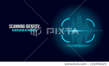 Biometric Voice Recognition Sound Wave Analysis with Futuristic Blue Digital Binary HUD Interface Biometric Voice Recognition Sound Wave Analysis with Futuristic Blue Digital Binary HUD Interface 136448829
