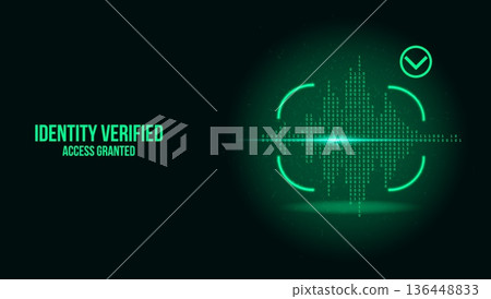 Futuristic Voice Recognition Biometric Interface with Green Digital Sound Wave Access Granted Futuristic Voice Recognition Biometric Interface with Green Digital Sound Wave Access Granted 136448833