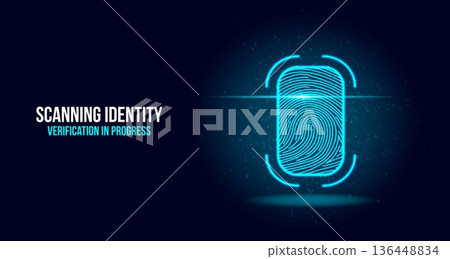 Biometric Fingerprint Scanning Identity Verification with Futuristic Blue Neon HUD Interface 136448834