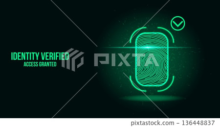 Futuristic Fingerprint Biometric Scanner Interface with Green Identity Verified Success HUDs 136448837