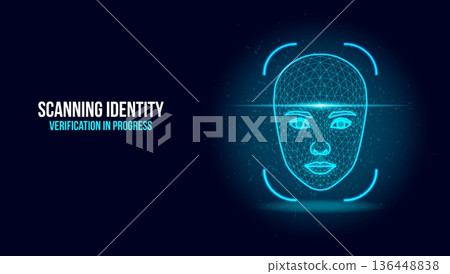 Biometric Facial Recognition Scan with Digital Wireframe and Identity Verification Text 136448838