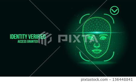 Futuristic Face Recognition Biometric Security Interface with Green Wireframe Mesh 136448841